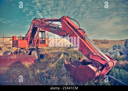 excavatrice chargeuse à chaînes pour travaux de terrassement dans un champ vert Banque D'Images