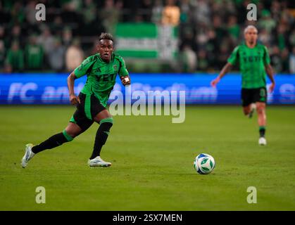 Austin, Texas, États-Unis. 22 février 2025. L'attaquant de l'Austin FC JADER OBRIAN (7 ans) lors de la première moitié d'un match de Ligue majeure de football entre l'Austin FC et le Sporting Kansas City le 22 février 2025 à Austin, Texas. Austin FC a gagné, 1-0. (Crédit image : © Scott Coleman/ZUMA Press Wire) USAGE ÉDITORIAL SEULEMENT! Non destiné à UN USAGE commercial ! Banque D'Images