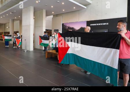 Canberra, Australie. 23 février 2025. Galerie nationale d'Austeralia (NGA). Action instantanée à la National Gallery of Australia (NGA) pour protester contre la censure des drapeaux palestiniens sur une œuvre d'art indigène. Lien vers l'article du Guardian : https://www.theguardian.com/australia-news/2025/feb/21/national-gallery-of-australia-says-it-covered-palestinian-flags-on-tapestry-after-security-assessment-ntwnfb crédit : Leo Bild/Alamy Live News Banque D'Images