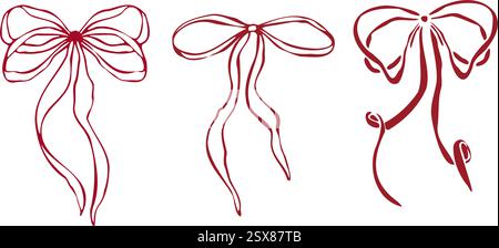 Arcs rouges vectoriels dessinés à la main avec diverses formes et styles de ruban. Style de croquis linéaire tendance minimaliste à contour rouge. illustration pour la mode Illustration de Vecteur