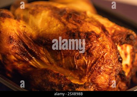 Gros plan détaillé d'un poulet rôti brun doré à la peau croustillante et texturée, soulignant sa couleur riche et son aspect juteux. Banque D'Images