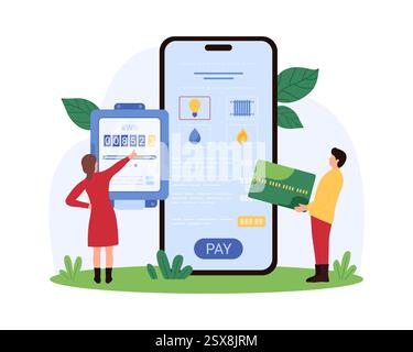 De minuscules personnes traitant les paiements de factures de services publics à l'aide d'un téléphone mobile et d'une tablette géants, représentant une illustration vectorielle de gestion des finances numériques et des services publics. Illustration de Vecteur