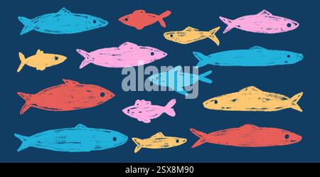 Jeu de doodle de poissons. Sardines dessinées à la main griffonnage École de poissons dans la mer. Illustration nautique colorée vectorielle par crayon isolé. Crayon ou craie n Illustration de Vecteur