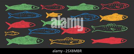 Jeu de griffonnages de ligne de poissons. Sardines dessinées à la main griffonnage École de poissons dans la mer. Illustration nautique colorée vectorielle par crayon isolé. Crayon ou ch Illustration de Vecteur