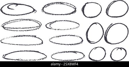 Lot de cadres ovales grunge Scribble. Jeu de griffes elliptiques à main levée. Crayon dessiné à la main met en évidence la collection de formes de bordure de craie. Soulignez la marque circulaire. VE Illustration de Vecteur