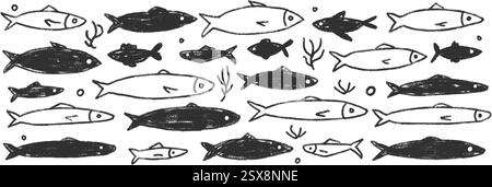Jeu de doodle de poissons. Sardines dessinées à la main griffonnage École de poissons dans la mer. Illustration nautique monochrome vectorielle par crayon isolé sur fond blanc Illustration de Vecteur