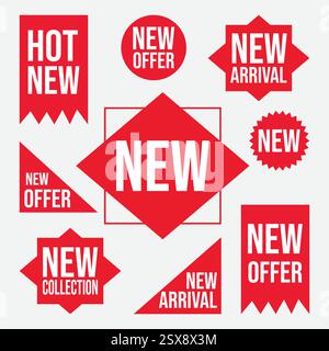 Nouvelles étiquettes et collection d'autocollants. Étiquettes de vente, badge de réduction, bannières et icônes. Jeu de logos shopping. Nouvelle offre, nouveau chaud, annonce de nouvelle arrivée Illustration de Vecteur