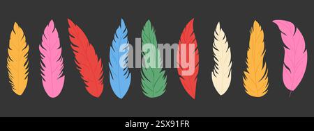 Ensemble de plumes d'oiseau colorées. Illustration dessinée à la main. Illustration de Vecteur