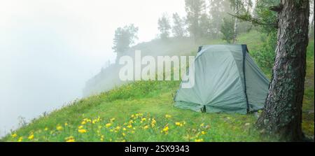 Une tente tranquille magnifiquement situé dans des collines brumeuses sereines et des fleurs sauvages colorées, parfait pour les amoureux de la nature Banque D'Images