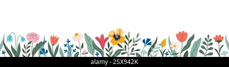 Cadre décoratif, bordure, frise avec des fleurs - tulipes, feuilles, lis, jonquilles. Vecteur. Griffonner. Espace de copie, modèle de conception Illustration de Vecteur