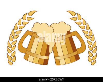 Deux tasses à bière en bois toaster, avec mousse de bière Illustration de Vecteur