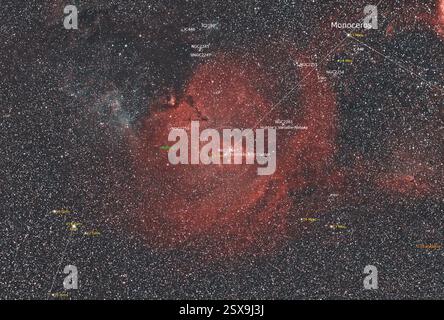 La nébuleuse du cône et l'amas d'arbres de Noël (NGC 2264) une nébuleuse d'émission dans la constellation de Monoceros. Carte d'étoiles annotée Banque D'Images