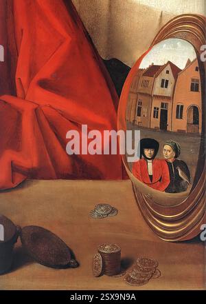 CHRISTUS, Petrus (1410/20, Baarle, d. 1475/76, Bruges) Saint Eligius dans son atelier (détail) 1449 huile sur bois, 98 x 85 cm (peinture entière) Metropolitan Museum of Art, New York il y a aussi un miroir circulaire convexe sur le côté droit de la table de Saint Eligius, dans une allusion évidente au mariage Arnolfini de Jan van Eyk. Nous pouvons y voir le reflet d'un carré, avec quelques passants. La fonction de ce miroir est cependant très différente de celle de Van Eyck. Alors que, à un niveau, il peut être interprété comme un symbole de vanité ou un talisman protecteur, il est un Banque D'Images