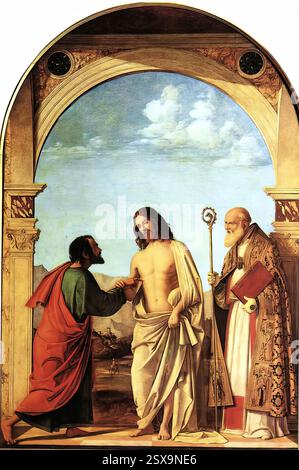 CIMA da Conegliano (b. CA. 1459, Conegliano, d. 1517/18, Conegliano) L'incrédulité de Thomas avec Magno Vescovo c. 1505 Tempera et huile sur panneau, 215 x 151 cm Gallerie dell'Accademia, Venise même après que Giorgione eut introduit sa réforme tonale révolutionnaire, Giambattista Cima continua avec ses propres lignes d'expression - ses figures statutaires dans leur fermeté et ses couleurs richement limpides. Ce sont les qualités que l'on retrouve dans ses œuvres qui datent de la première décennie du XVIe siècle, des œuvres comme 'The incredulity of obtient Thomas and procurent Magno Vescovo' par exemple, wh Banque D'Images