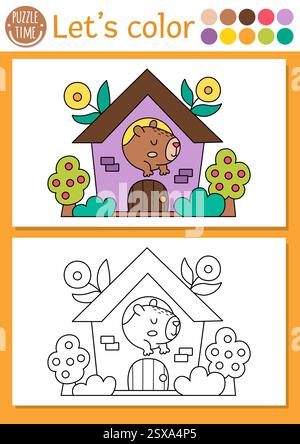 Page à colorier Capybara pour les enfants avec animal mignon dans la maison avec des fleurs. Illustration vectorielle de contour capibara. Livre de couleur pour les enfants avec exa coloré Illustration de Vecteur