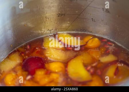 Confection maison de confection avec des fruits frais - gros plan de fruits frais, y compris des prunes, de la grenade et des groseilles à maquereau du cap / physalis bouillant dans une casserole. Banque D'Images