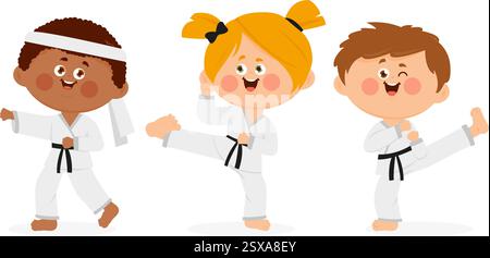 Enfants d'arts martiaux. Enfants heureux qui s'entraînent, filles et garçons athlètes de karaté en uniformes d'arts martiaux. Karaté, Taekwondo, judo, jujitsu, kickboxing. Illustration de Vecteur