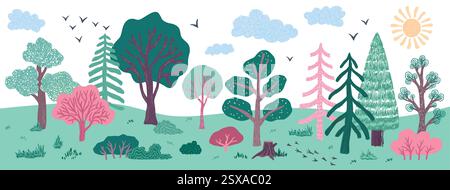 Arbre mignon. Peinture de forêt de printemps dessinée à la main, jardin d'été de dessin animé abstrait ou croquis de buisson de soleil et de feuille. Plantes vertes et roses, toile de fond de bannière horizontale. Griffonner un paysage minimal. Arrière-plan vectoriel Illustration de Vecteur