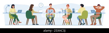 Les gens travaillent sur ordinateur. Ordinateur portable sur le bureau, personnage d'équipe homme ou employé d'affaires. Travailleur indépendant. Employés hommes et femmes utilisant des gadgets. Illustration isolée de style plat de dessin animé. Conception vectorielle Illustration de Vecteur