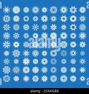 Ensemble de flocons de neige blancs d'hiver isolé sur fond bleu. Illustration de Vecteur