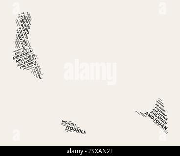 Comores Word Cloud. Pays avec division de régions. Comores texte typographique nuages de conception d'image vectorielle. Image de forme de pays de style gazette vintage. Illustration de Vecteur