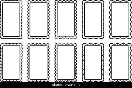 Ensemble de cadres rectangulaires à bords ondulés. Vignettes pour photos, images ou miroirs. Modèles de boîte, de tag, de timbre ou d'étiquette vides. Illustration graphique vectorielle. Illustration de Vecteur
