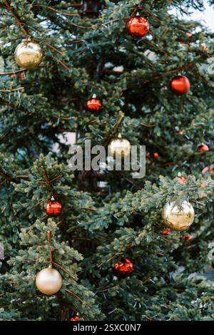 Boules brillantes et guirlandes de petites ampoules sur un arbre de Noël vert Banque D'Images