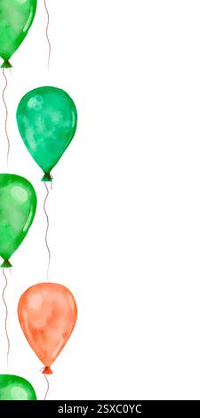 Une collection vibrante de délicieux ballons verts et oranges, qui sont parfaits pour diverses occasions festives. Bordure verticale sans couture aquarelle isolée sur fond blanc pour créer des produits de vacances. Banque D'Images