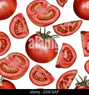 Motif aquarelle sans couture avec tomates entières et tranchées. Parfait pour l'emballage, les textiles, les papiers peints, la conception de restaurants et les projets culinaires. Banque D'Images