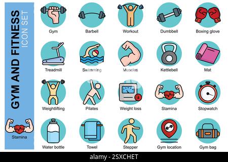 Ensemble icône de gym. style d'icône de contour coloré. contenant icône barre, entraînement, boxe et plus encore. illustration vectorielle d'élément de fitness Illustration de Vecteur