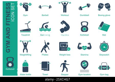 Ensemble icône de gym. style d'icône unie. contenant icône barre, entraînement, boxe et plus encore. illustration vectorielle d'élément de fitness Illustration de Vecteur