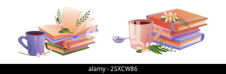 Composition de pile de livres avec tasses de café ou de thé et cuillère à thé, fleurs roses florissantes douces, pages ouvertes, herbe verte et feuilles. Temps de lecture Cozy illustration pour la conception sur le thème de la bibliothèque. Illustration de Vecteur