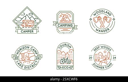 Ensemble de 6 icônes de logo camping et aventure en plein air Illustration de Vecteur