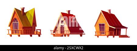 Ensemble de cabane en rondins avec structures en bois. Chalets de campagne avec toits abrupts, porches et fenêtres cintrées pour une architecture forestière rustique. Conception confortable de maisons de vacances pour l'interface de station de montagne. Illustration de Vecteur