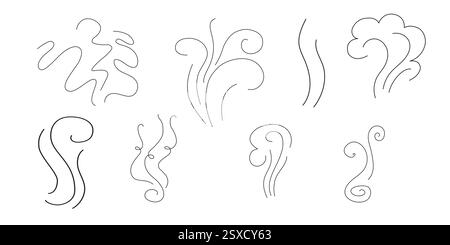 Icônes des lignes de vapeur et de fumée réglées. Air vent et collection linéaire de parfum, vagues de chaleur ou arôme de cuisson des aliments et du café chaud, gaz et fumées. Vapeur Illustration de Vecteur