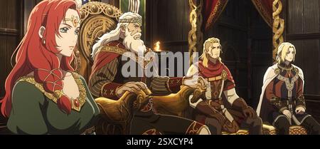 Film non daté Still from the Lord of the Rings : The War of the Rohirrim. Sur la photo : Hera (doublée par Gaia Wise), Helm Hammerhand (Brian Cox), Haleth (Benjamin Wainwright) et Hama (Yazdan Qafouri). Voir PA Feature SHOWBIZ Download Reviews. AVERTISSEMENT : cette image ne doit être utilisée que pour accompagner les avis de téléchargement de la fonction PA SHOWBIZ. Banque D'Images