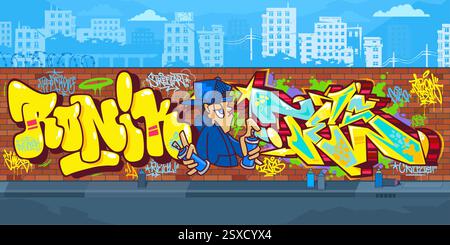 Trendy Outdoor Urban Graffiti Wall avec des dessins Street Art sur fond de paysage urbain Illustration de Vecteur