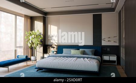 Chambre spacieuse avec un schéma de couleurs bleu et blanc, avec lit confortable, plante d'intérieur, banc, tables de chevet, ambiance lumineuse et accueillante avec Banque D'Images