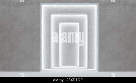 Salle vide contemporaine pour le placement de produits avec un design minimaliste, des arcades géométriques illuminées, des tons blancs et gris, un architectu futuriste Banque D'Images