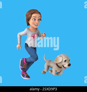 Amusante fille de dessin animé 3D avec un chien Banque D'Images