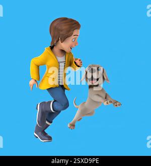 Amusante fille de dessin animé 3D avec un chien Banque D'Images