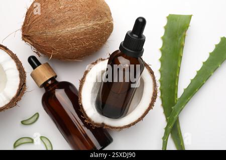 Traitement capillaire. Produits cosmétiques, feuilles de noix de coco et d'aloès sur fond blanc, pose à plat Banque D'Images