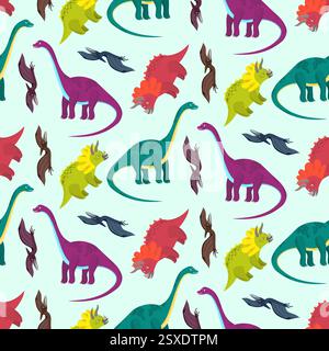 Motif de dinosaures multicolores de dessin animé mignon Illustration de Vecteur