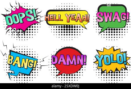 Bulles de discours comiques rétro avec SWAG, Yolo, BANG Illustration de Vecteur