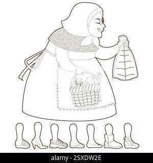 Dessin de ligne noir et blanc illustration du personnage de Vella Quaresma montrant la tenue de cabillaud et panier de légumes pour les vacances de Pâques traditi catalan Banque D'Images