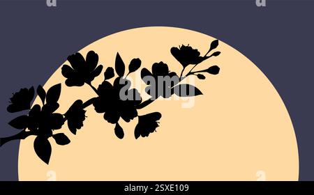 Sakura fleurit sur une pleine lune dans une illustration de paysage de nuit sereine Illustration de Vecteur