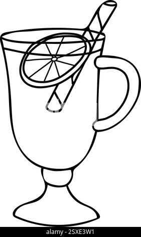 Verre à vin chaud ou gluhwein avec tranche d'orange. Illustration d'esquisse vectorielle dessinée à la main en noir et blanc dans le style Doodle. Winter Wine Drink Line art pour Illustration de Vecteur
