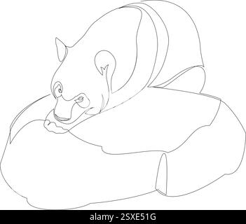 Ours panda à une ligne reposant sur une silhouette de design rock. Illustration vectorielle de style minimaliste dessinée à la main Illustration de Vecteur