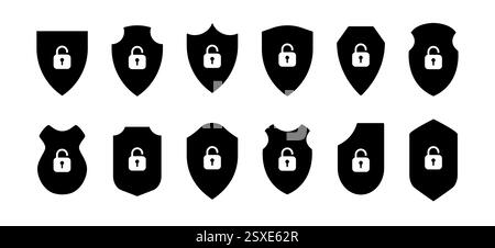 Ensemble d'icônes de bouclier avec symboles de cadenas en noir et blanc. Cette collection dispose de formes de bouclier vectoriel avec des éléments de verrouillage, idéal pour la sécurité, PRI Illustration de Vecteur