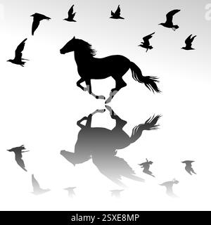 Silhouette d'un cheval entouré d'oiseaux volants imaginant qu'il a des ailes et vole avec les oiseaux Illustration de Vecteur